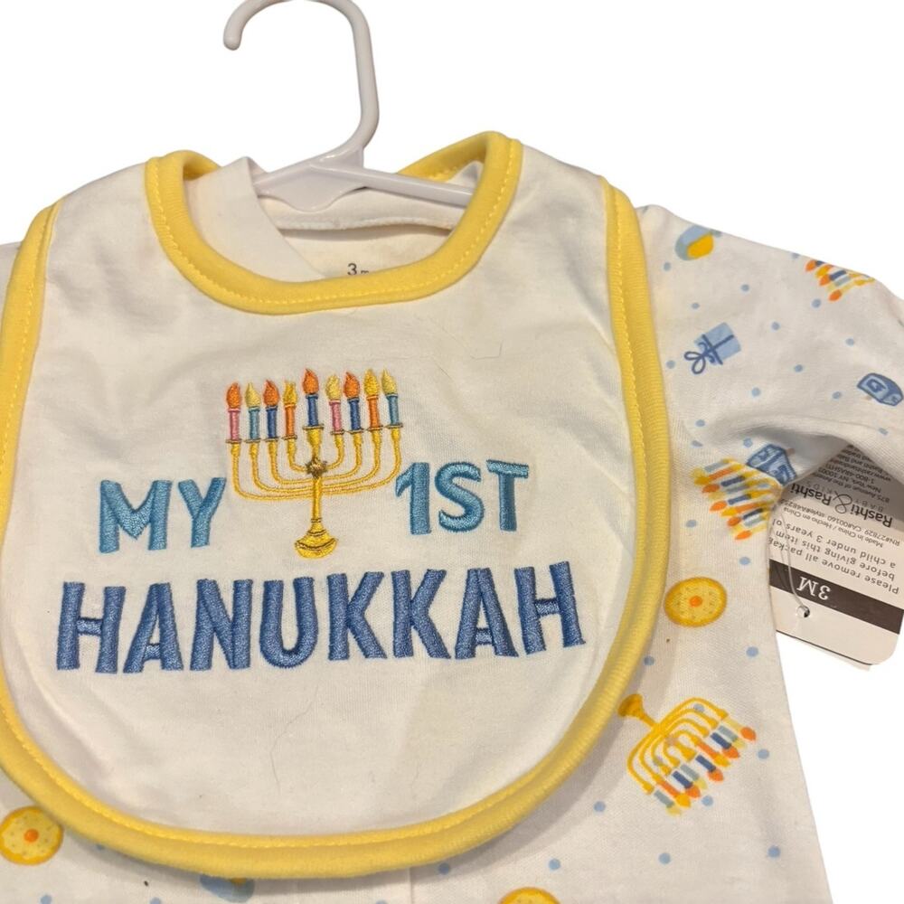 NWT 3M Baby Starters Hanukkah Pajamas and Bib - Picture 2 of 2